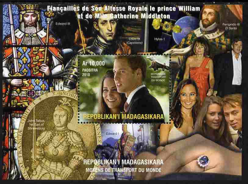 Madagascar 2010 Royal Engagement - William & Kate #2 perf s/sheet unmounted mint. Note this item is privately produced and is offered purely on its thematic appeal, stamps on royalty, stamps on william, stamps on kate, stamps on royal wedding, stamps on concorde, stamps on stained glass, stamps on satellites, stamps on space, stamps on 