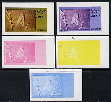Dhufar 1974 Moths 1b (Grey Dagger) set of 5 imperf progressive colour proofs comprising 3 individual colours (red, blue & yellow) plus 3 and all 4-colour composites unmou..., stamps on butterflies