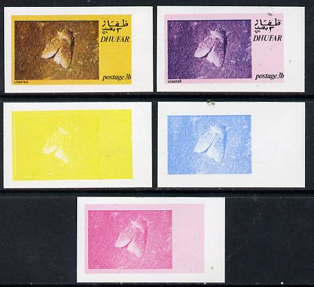 Dhufar 1974 Moths 3b (Lobster) set of 5 imperf progressive colour proofs comprising 3 individual colours (red, blue & yellow) plus 3 and all 4-colour composites unmounted mint, stamps on butterflies