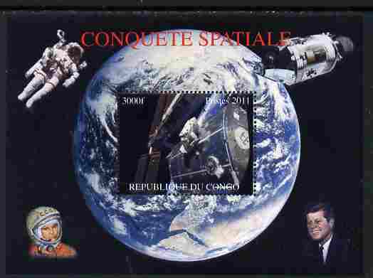 Congo 2011 Conquest of Space #1 perf m/sheet unmounted mint. Note this item is privately produced and is offered purely on its thematic appeal, stamps on , stamps on  stamps on space, stamps on  stamps on kennedy, stamps on  stamps on satellites, stamps on  stamps on usa presidents
