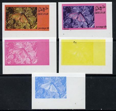 Dhufar 1974 Moths 4b (Cinnabar) set of 5 imperf progressive colour proofs comprising 3 individual colours (red, blue & yellow) plus 3 and all 4-colour composites unmounted mint, stamps on butterflies