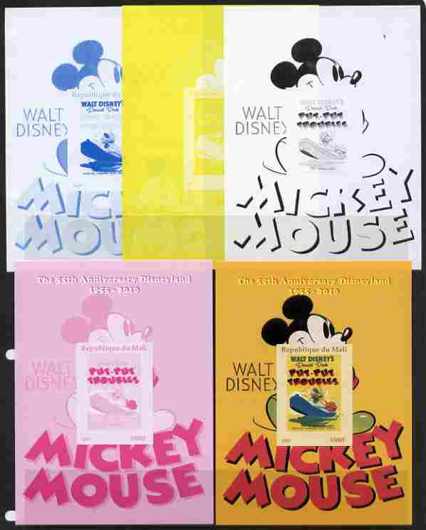 Mali 2011 Mickey Mouse & 55th Anniversary of Disneyland #3 m/sheet - the set of 5 imperf progressive proofs comprising the 4 individual colours plus all 4-colour composite, unmounted mint , stamps on disney, stamps on films, stamps on cinema, stamps on cartoons, stamps on movies, stamps on entertainments