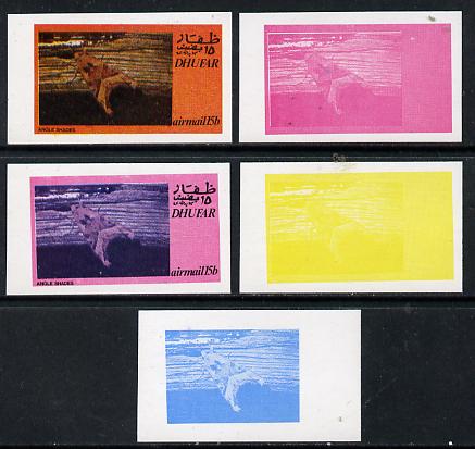 Dhufar 1974 Moths 15b (Angle Shades) set of 5 imperf progressive colour proofs comprising 3 individual colours (red, blue & yellow) plus 3 and all 4-colour composites unm..., stamps on butterflies