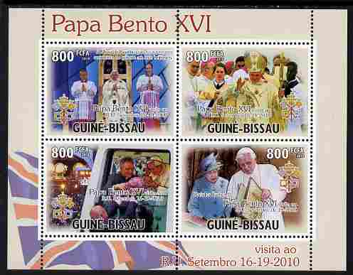 Guinea - Bissau 2010 Pope Benedict in England perf sheetlet containing 4 values unmounted mint, Michel 5205-08, stamps on personalities, stamps on pope, stamps on popes, stamps on religion, stamps on royalty