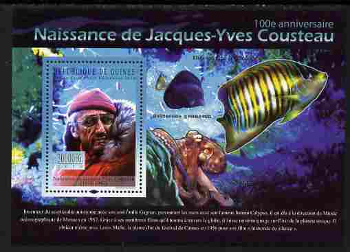 Guinea - Conakry 2010 Birth Anniversary of Jacques Cousteau perf s/sheet unmounted mint, Michel BL 1850, stamps on personalities, stamps on scuba, stamps on fish, stamps on marine life, stamps on octop