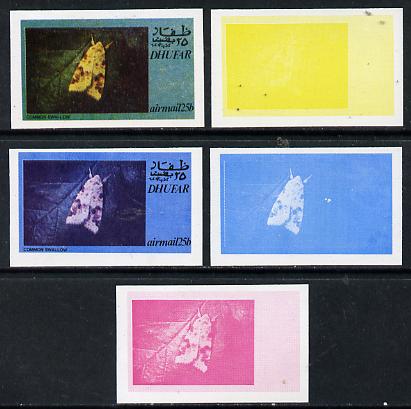 Dhufar 1974 Moths 25b (Common Swallow) set of 5 imperf progressive colour proofs comprising 3 individual colours (red, blue & yellow) plus 3 and all 4-colour composites u..., stamps on butterflies