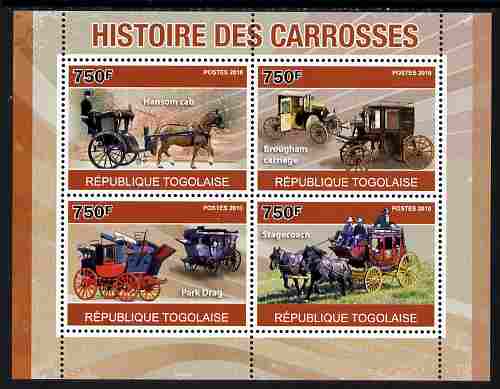 Togo 2010 History of Carriages (Coaches) perf sheetlet containing 4 values unmounted mint, Yvert 2320-23, stamps on transport, stamps on coaches, stamps on horses