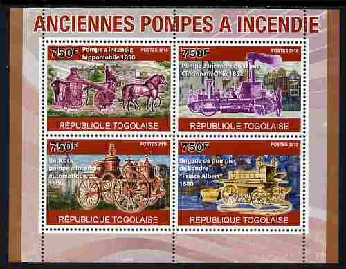 Togo 2010 Old Fire Engines perf sheetlet containing 4 values unmounted mint, Yvert 2336-39, stamps on transport, stamps on fire, stamps on horses