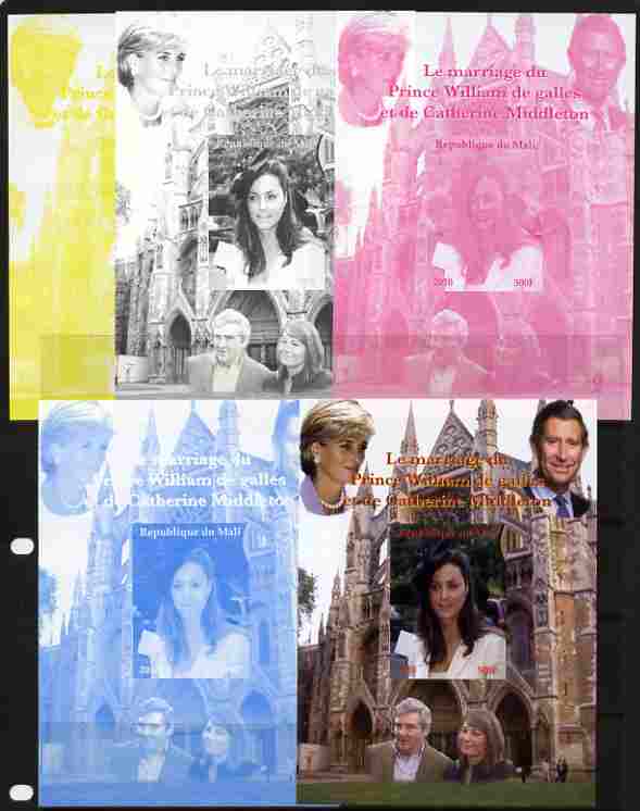 Mali 2010 Royal Engagement - Prince William & Kate #2 m/sheet - the set of 5 imperf progressive proofs comprising the 4 individual colours plus all 4-colour composite, un..., stamps on royalty, stamps on william, stamps on kate, stamps on london, stamps on abbeys