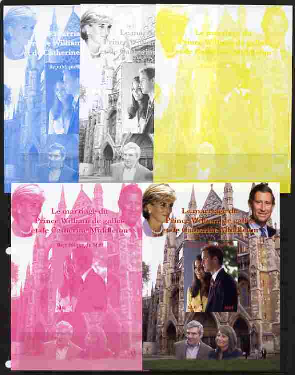 Mali 2010 Royal Engagement - Prince William & Kate #3 m/sheet - the set of 5 imperf progressive proofs comprising the 4 individual colours plus all 4-colour composite, un..., stamps on royalty, stamps on william, stamps on kate, stamps on london, stamps on abbeys