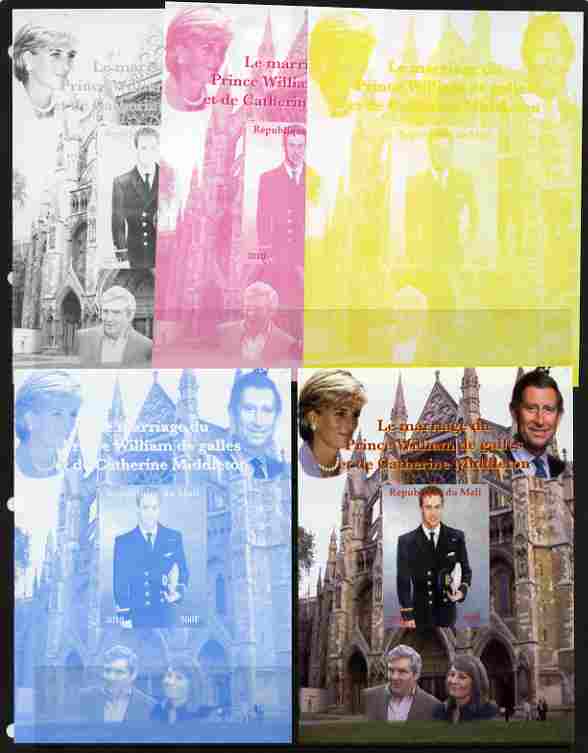 Mali 2010 Royal Engagement - Prince William & Kate #5 m/sheet - the set of 5 imperf progressive proofs comprising the 4 individual colours plus all 4-colour composite, un..., stamps on royalty, stamps on william, stamps on kate, stamps on london, stamps on abbeys