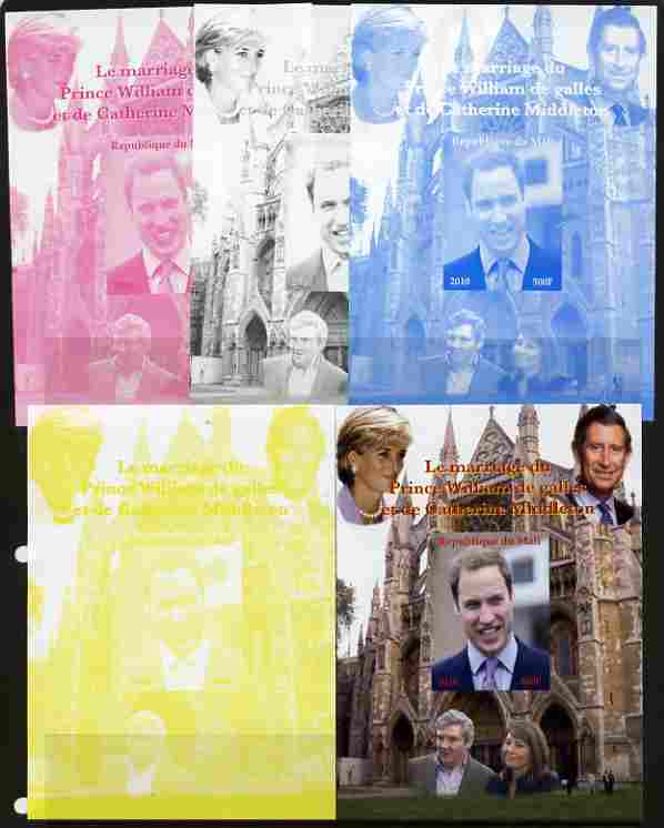 Mali 2010 Royal Engagement - Prince William & Kate #6 m/sheet - the set of 5 imperf progressive proofs comprising the 4 individual colours plus all 4-colour composite, un..., stamps on royalty, stamps on william, stamps on kate, stamps on london, stamps on abbeys