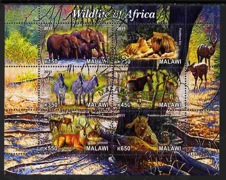 Malawi 2011 Wildlife of Africa #1 perf sheetlet containing 6 values cto used, stamps on animals, stamps on elephants, stamps on lions, stamps on zebra, stamps on leopard