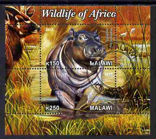 Malawi 2011 Wildlife of Africa #3 - Hippos composite perf sheetlet containing 2 values cto used, stamps on animals, stamps on hippos
