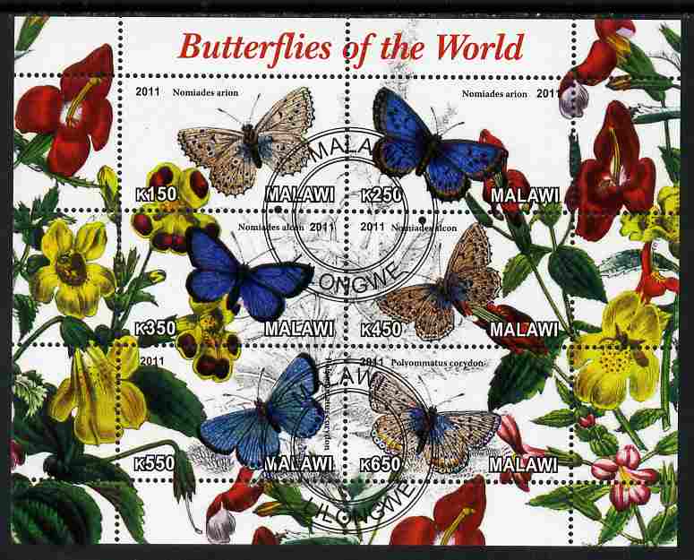 Malawi 2011 Butterflies of the World #1 perf sheetlet containing 6 values cto used, stamps on , stamps on  stamps on butterflies