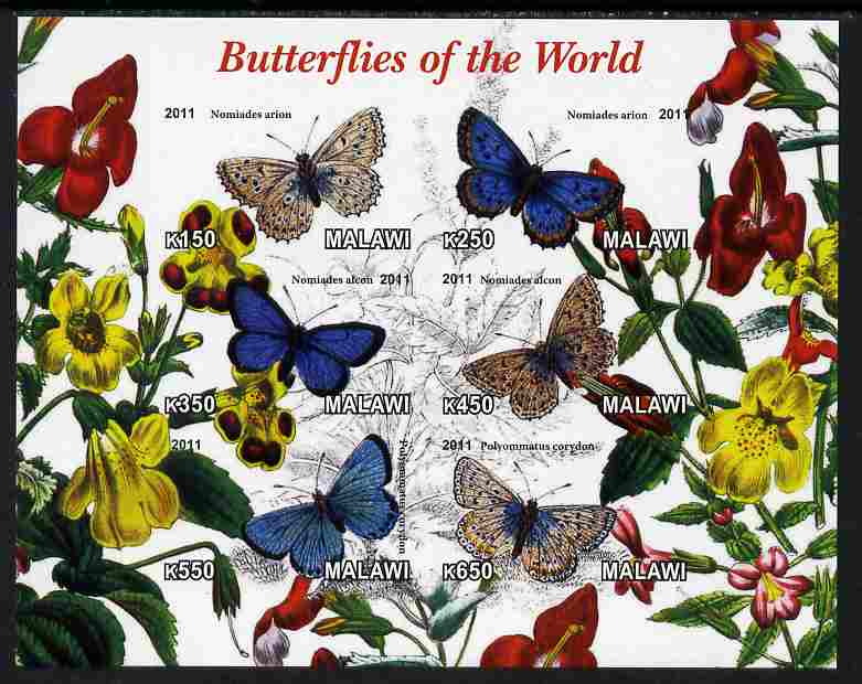 Malawi 2011 Butterflies of the World #1 imperf sheetlet containing 6 values unmounted mint, stamps on butterflies