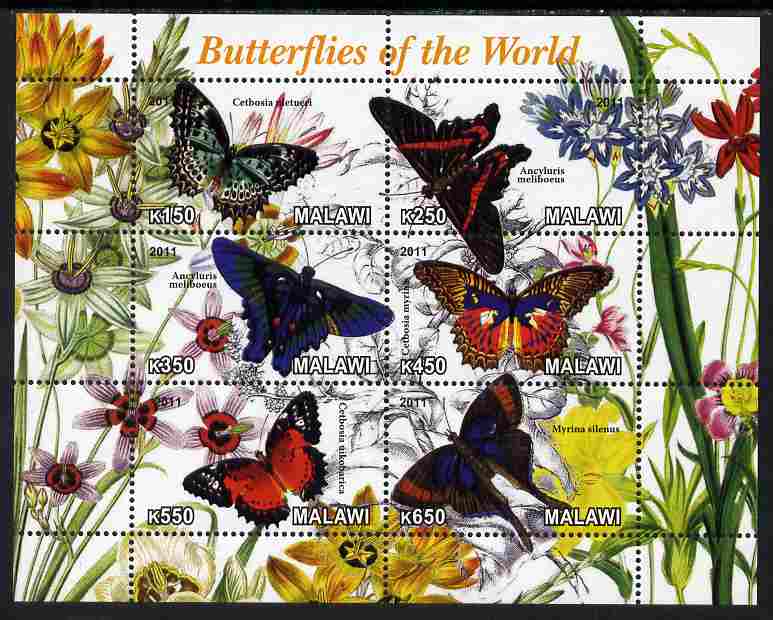 Malawi 2011 Butterflies of the World #2 perf sheetlet containing 6 values unmounted mint, stamps on butterflies