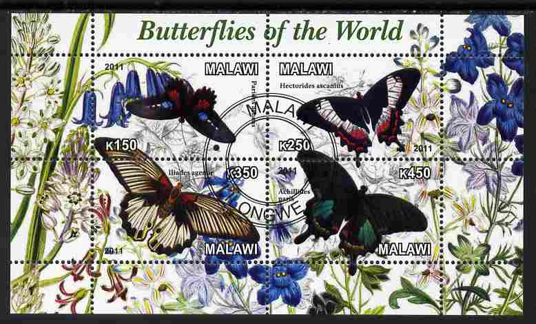 Malawi 2011 Butterflies of the World #3 perf sheetlet containing 4 values cto used, stamps on butterflies