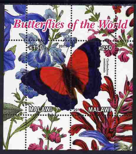 Malawi 2011 Butterflies of the World #5 perf sheetlet containing 2 values unmounted mint, stamps on butterflies