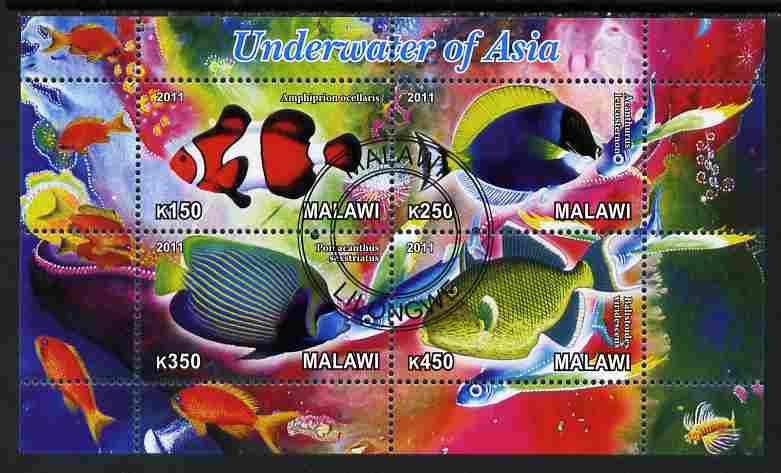 Malawi 2011 Fishes of Asia #2 perf sheetlet containing 4 values cto used, stamps on fish, stamps on  marine life
