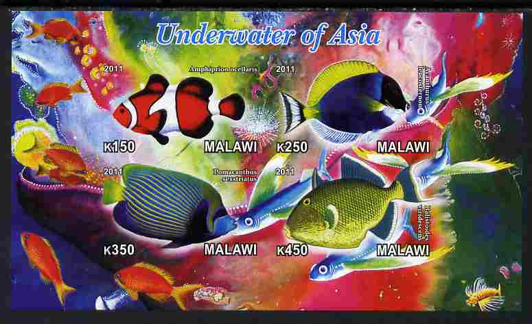Malawi 2011 Fishes of Asia #2 imperf sheetlet containing 4 values unmounted mint, stamps on , stamps on  stamps on fish, stamps on  stamps on  marine life