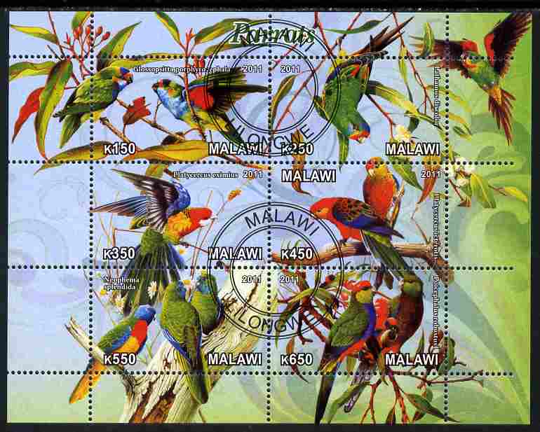 Malawi 2011 Parrots #1 perf sheetlet containing 6 values cto used, stamps on birds, stamps on parrots