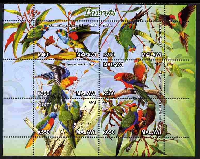 Malawi 2011 Parrots #1 perf sheetlet containing 6 values unmounted mint, stamps on , stamps on  stamps on birds, stamps on  stamps on parrots