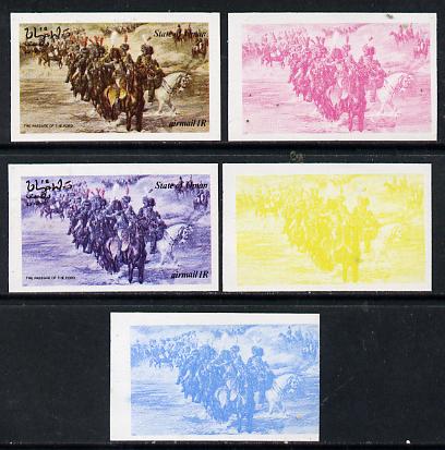 Oman 1974 Napoleon 20b (Passage of the Ford) set of 5 imperf progressive colour proofs comprising 3 individual colours (red, blue & yellow) plus 3 and all 4-colour composites unmounted mint, stamps on personalities     history   militaria    napoleon  , stamps on dictators.