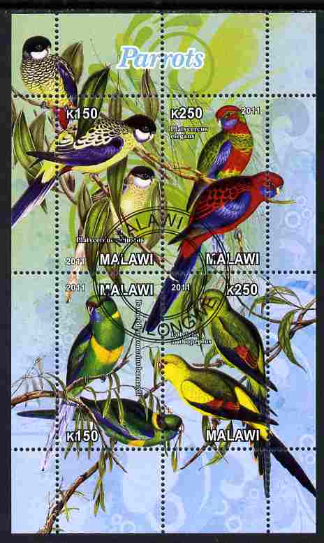 Malawi 2011 Parrots #2 perf sheetlet containing 6 values cto used, stamps on birds, stamps on parrots