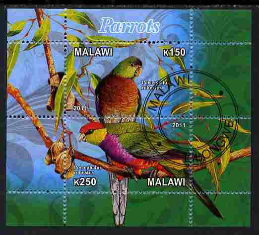 Malawi 2011 Parrots #3 perf sheetlet containing 2 values cto used, stamps on birds, stamps on parrots