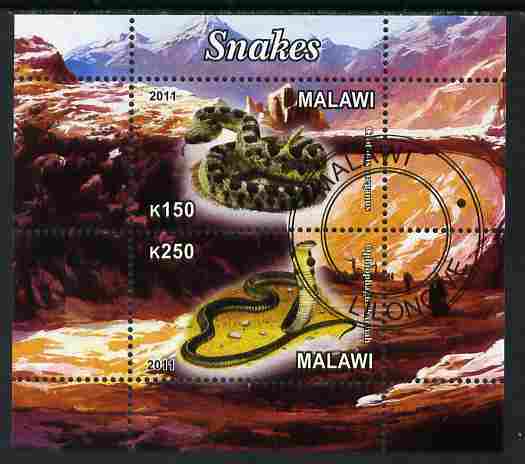 Malawi 2011 Snakes perf sheetlet containing 2 values cto used, stamps on reptiles, stamps on snakes