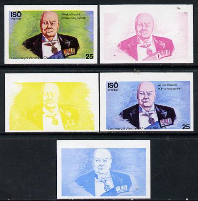 Iso - Sweden 1974 Churchill Birth Centenary 25 (80th Birthday Portrait) set of 5 imperf progressive colour proofs comprising 3 individual colours (red, blue & yellow) plu..., stamps on personalities, stamps on churchill, stamps on constitutions, stamps on  ww2 , stamps on masonry, stamps on masonics, stamps on , stamps on  iso , stamps on 