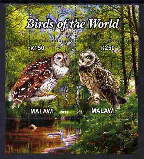 Malawi 2011 Birds of the World #3 - Owls perf sheetlet containing 2 values unmounted mint, stamps on birds, stamps on birds of prey, stamps on owls