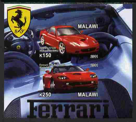 Malawi 2011 Ferrari #1 imperf sheetlet containing 2 values unmounted mint, stamps on cars, stamps on ferrari