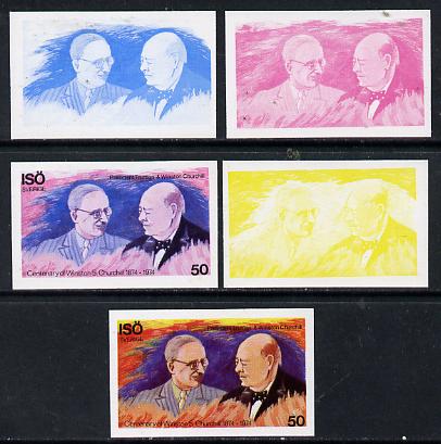 Iso - Sweden 1974 Churchill Birth Centenary 50 (with Pres Truman) set of 5 imperf progressive colour proofs comprising 3 individual colours (red, blue & yellow) plus 3 and all 4-colour composites unmounted mint, stamps on personalities, stamps on churchill, stamps on constitutions, stamps on  ww2 , stamps on masonry, stamps on masonics, stamps on americana        usa-presidents, stamps on bridge (card game), stamps on  iso , stamps on      