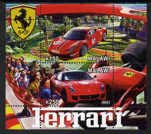 Malawi 2011 Ferrari #3 perf sheetlet containing 2 values unmounted mint, stamps on cars, stamps on ferrari
