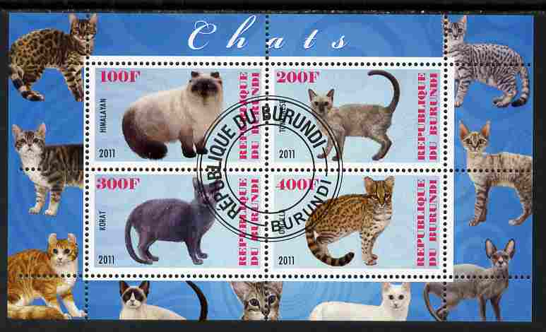 Burundi 2011 Domestic Cats #6 - pale blue background perf sheetlet containing 4 values fine cto used, stamps on , stamps on  stamps on animals, stamps on  stamps on cats