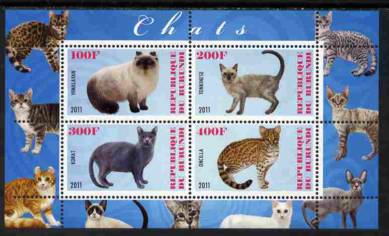 Burundi 2011 Domestic Cats #6 - pale blue background perf sheetlet containing 4 values unmounted mint, stamps on animals, stamps on cats