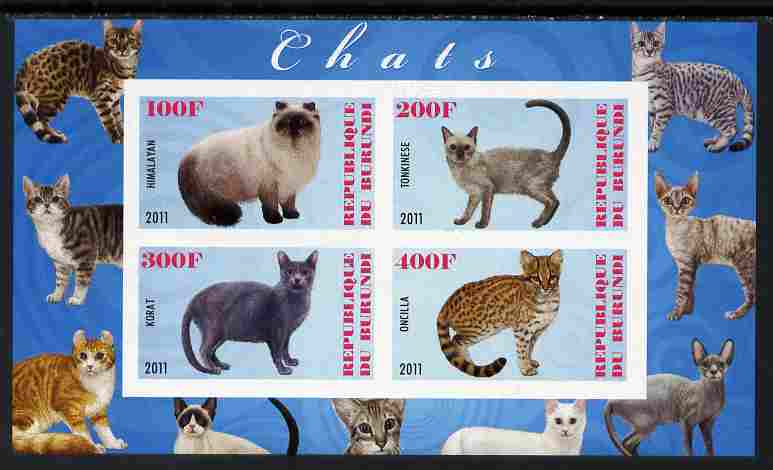 Burundi 2011 Domestic Cats #6 - pale blue background imperf sheetlet containing 4 values unmounted mint, stamps on animals, stamps on cats