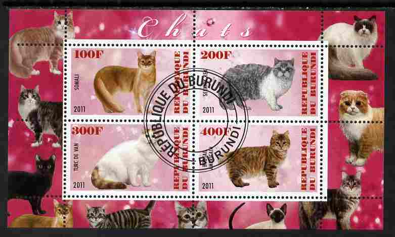 Burundi 2011 Domestic Cats #7 - cerise background perf sheetlet containing 4 values fine cto used, stamps on animals, stamps on cats