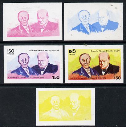 Iso - Sweden 1974 Churchill Birth Centenary 150 (with Adenauer) set of 5 imperf progressive colour proofs comprising 3 individual colours (red, blue & yellow) plus 3 and ..., stamps on personalities, stamps on churchill, stamps on constitutions, stamps on  ww2 , stamps on masonry, stamps on masonics, stamps on , stamps on nato, stamps on  iso , stamps on 