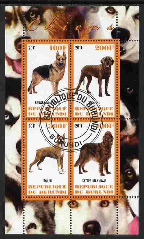 Burundi 2011 Dogs #2 - perf sheetlet containing 4 values fine cto used, stamps on dogs
