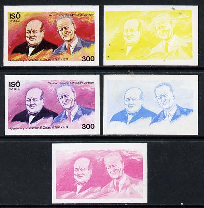 Iso - Sweden 1974 Churchill Birth Centenary 300 (with Pres Johnson) set of 5 imperf progressive colour proofs comprising 3 individual colours (red, blue & yellow) plus 3 ..., stamps on personalities, stamps on churchill, stamps on constitutions, stamps on  ww2 , stamps on masonry, stamps on masonics, stamps on americana    usa-presidents, stamps on  iso , stamps on 