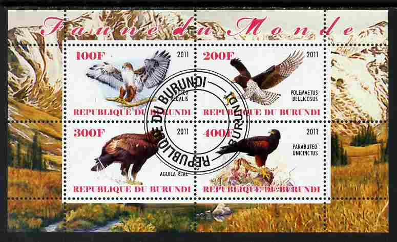 Burundi 2011 Birds of Prey perf sheetlet containing 4 values fine cto used, stamps on birds, stamps on birds of prey