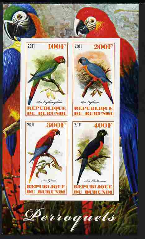Burundi 2011 Parrots imperf sheetlet containing 4 values unmounted mint, stamps on birds, stamps on parrots