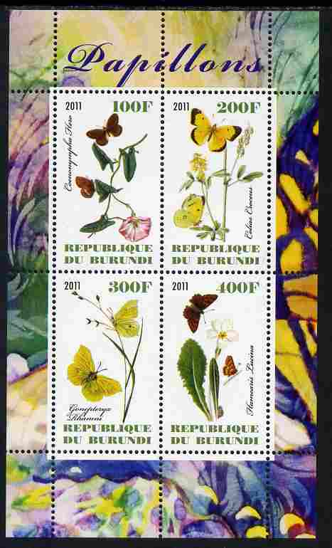 Burundi 2011 Butterflies #1 perf sheetlet containing 4 values unmounted mint, stamps on butterflies