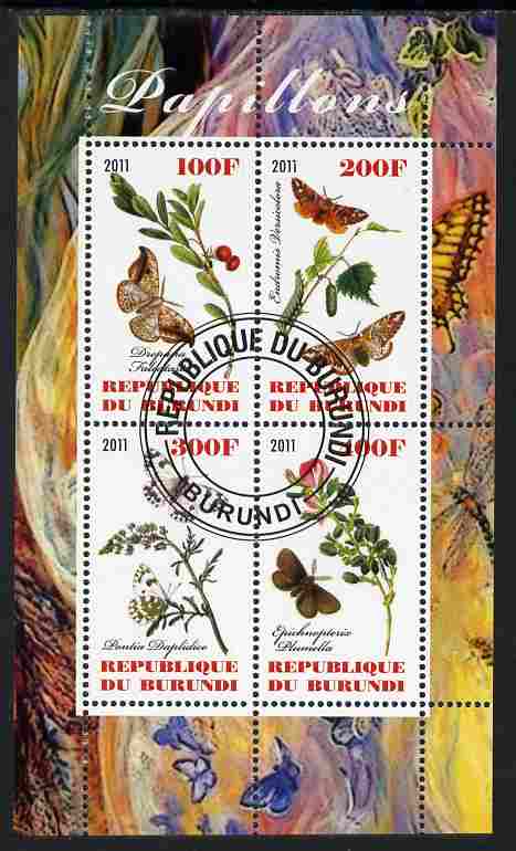 Burundi 2011 Butterflies #3 perf sheetlet containing 4 values fine cto used, stamps on butterflies