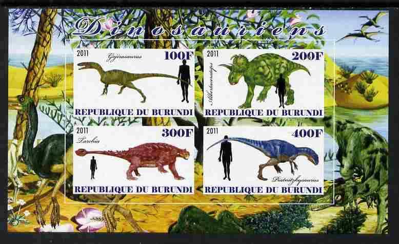 Burundi 2011 Dinosaurs #1 imperf sheetlet containing 4 values unmounted mint, stamps on dinosaurs