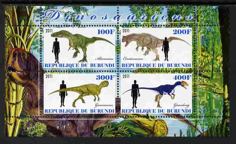 Burundi 2011 Dinosaurs #2 perf sheetlet containing 4 values unmounted mint, stamps on , stamps on  stamps on dinosaurs