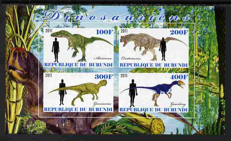 Burundi 2011 Dinosaurs #2 imperf sheetlet containing 4 values unmounted mint, stamps on dinosaurs